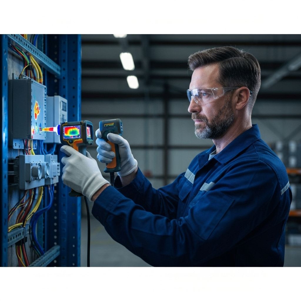 Professional technician using thermal imaging camera for slab leak detection
